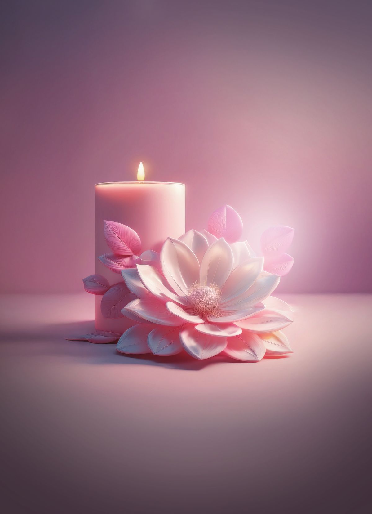 A lit candle and pink lotus flower on soft blush tones